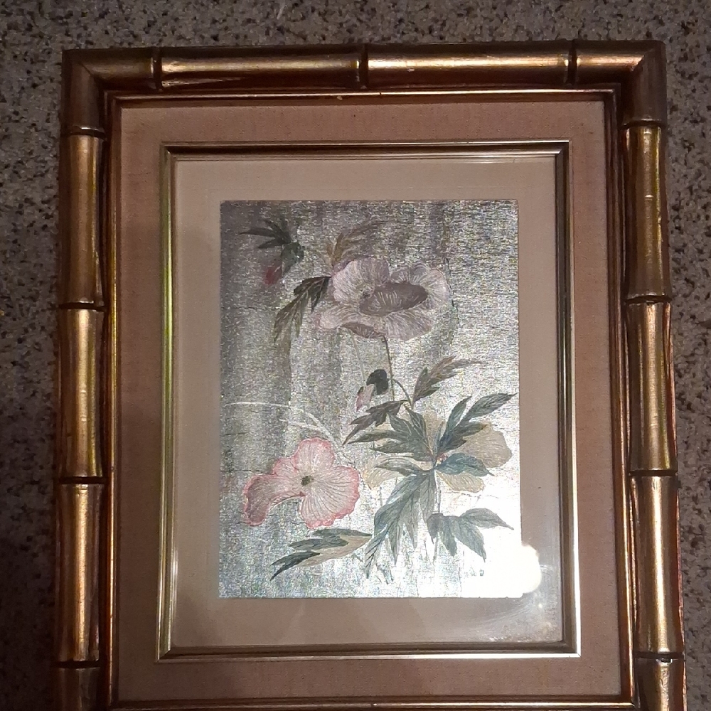Metallic foil art print depicting Asian-style floral still life with Pansies